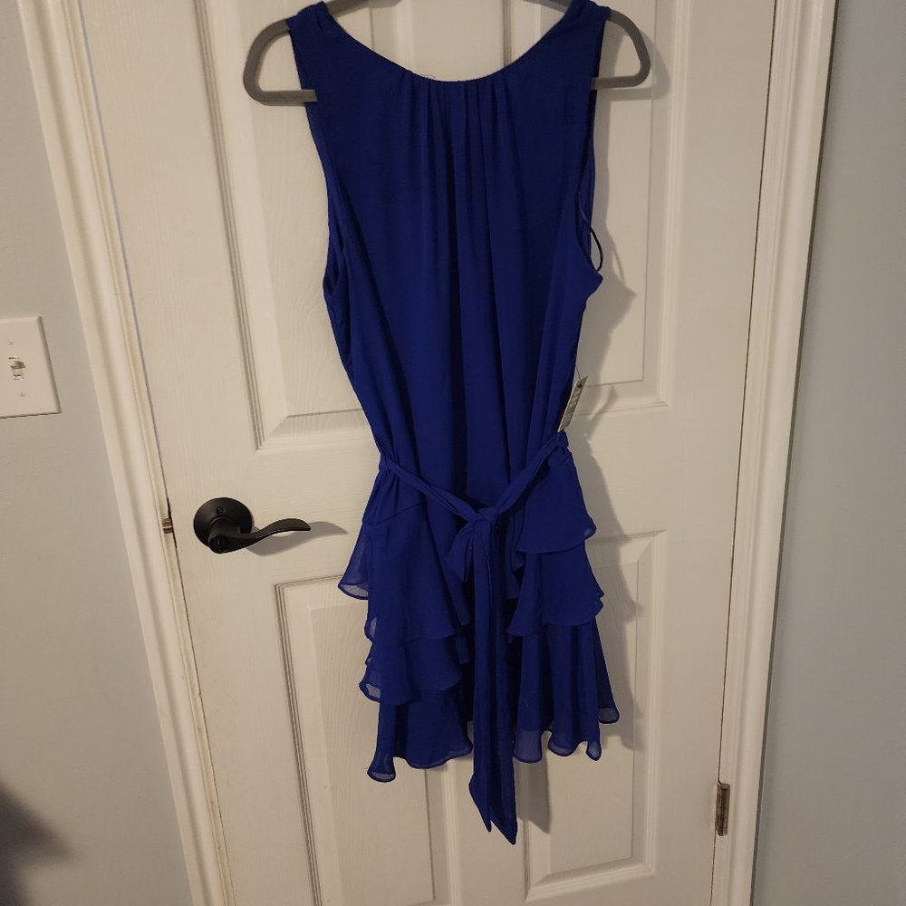 Blue high neck ruffle skirt dress